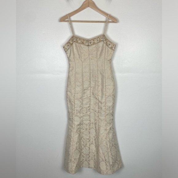 March Yii Y2K 70's Brocade Gown Dress M Cream Beaded Pearl Mermaid Sybil baroque - Picture 1 of 9